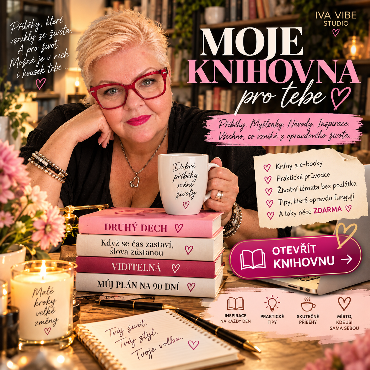 Moje knihovna pro tebe — IVA VIBE STUDIO. Knihy a e-booky, praktické průvodce, životní témata bez pozlátka, tipy, které opravdu fungují, a taky něco zdarma.